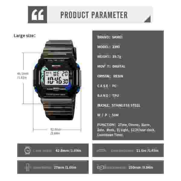 Skmei 2390/2391 Multifunctional Digital Sports Watch with Dual Time, Alarm and Chronograph for Men and Women (50M Waterproof) - Image 6