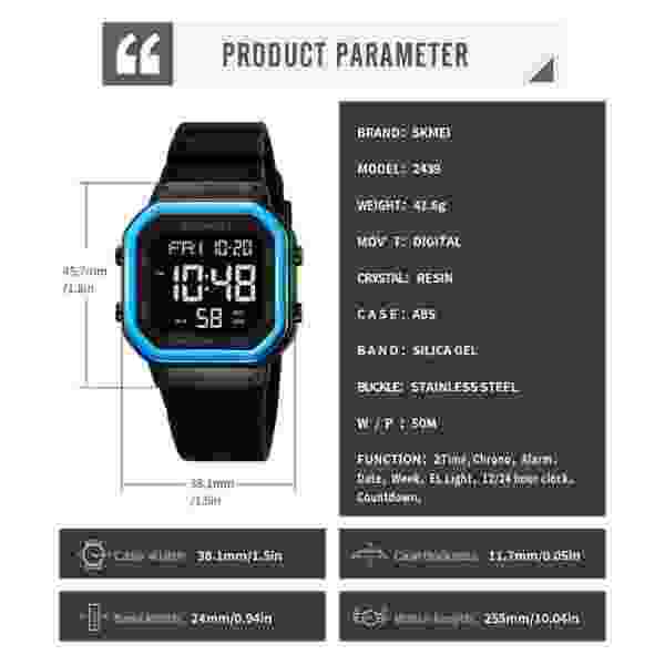 Skmei 2439 Multifunctional Digital Sports Watch with Dual Time and Countdown Timer (50M Waterproof) - Image 6