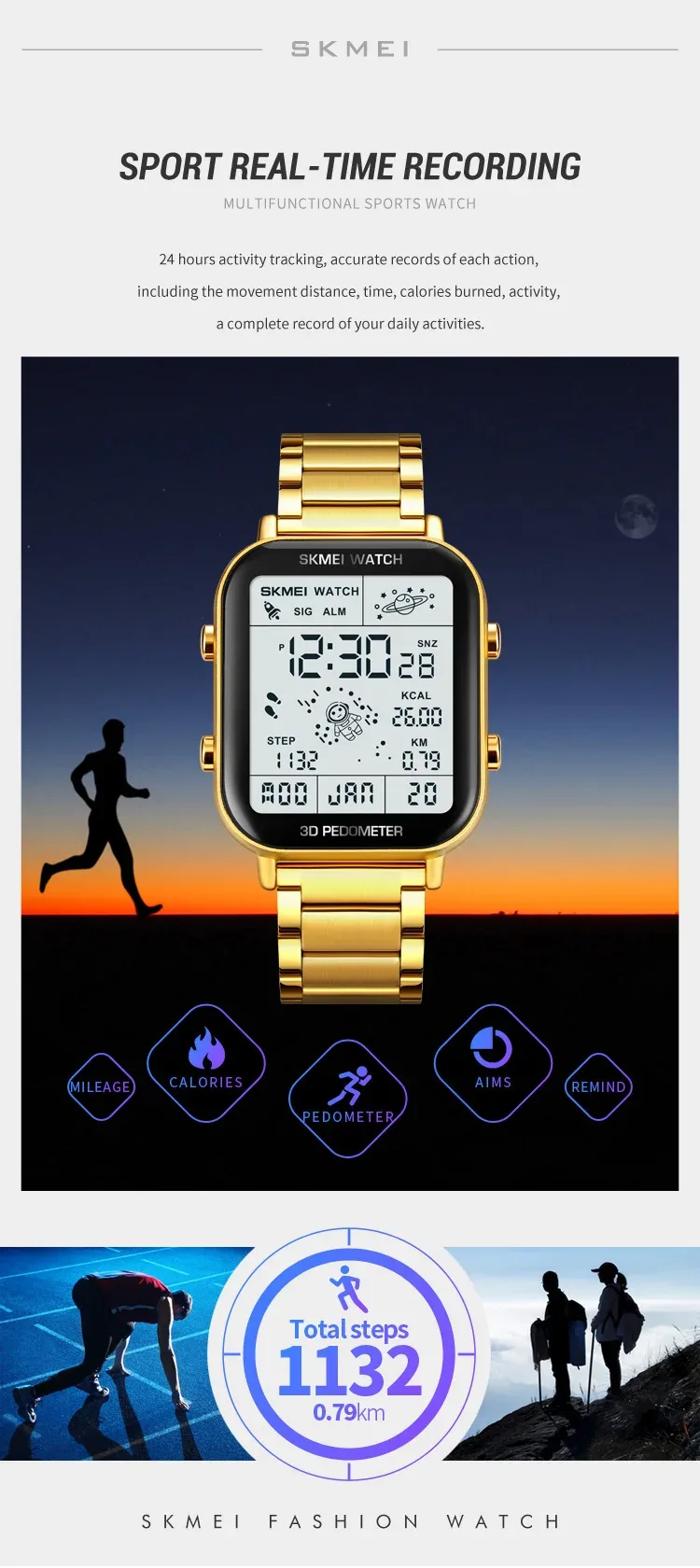SKMEI Sport Pedometer Calorie Calculation Digital Watches Gifts Men Women Wristwatches and Bracelet Stopwatch Watch Reloj Hombre