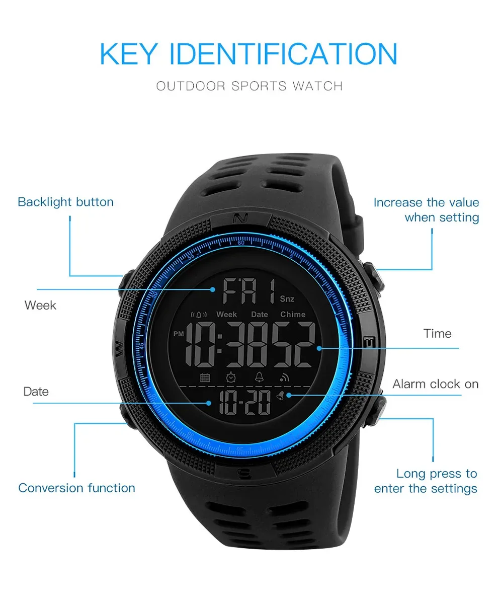 SKMEI Multifunction Large Dial Digital Watches Outdoor Sports Watch For Men Women Waterproof Electronics Wristwatch and Bracelet