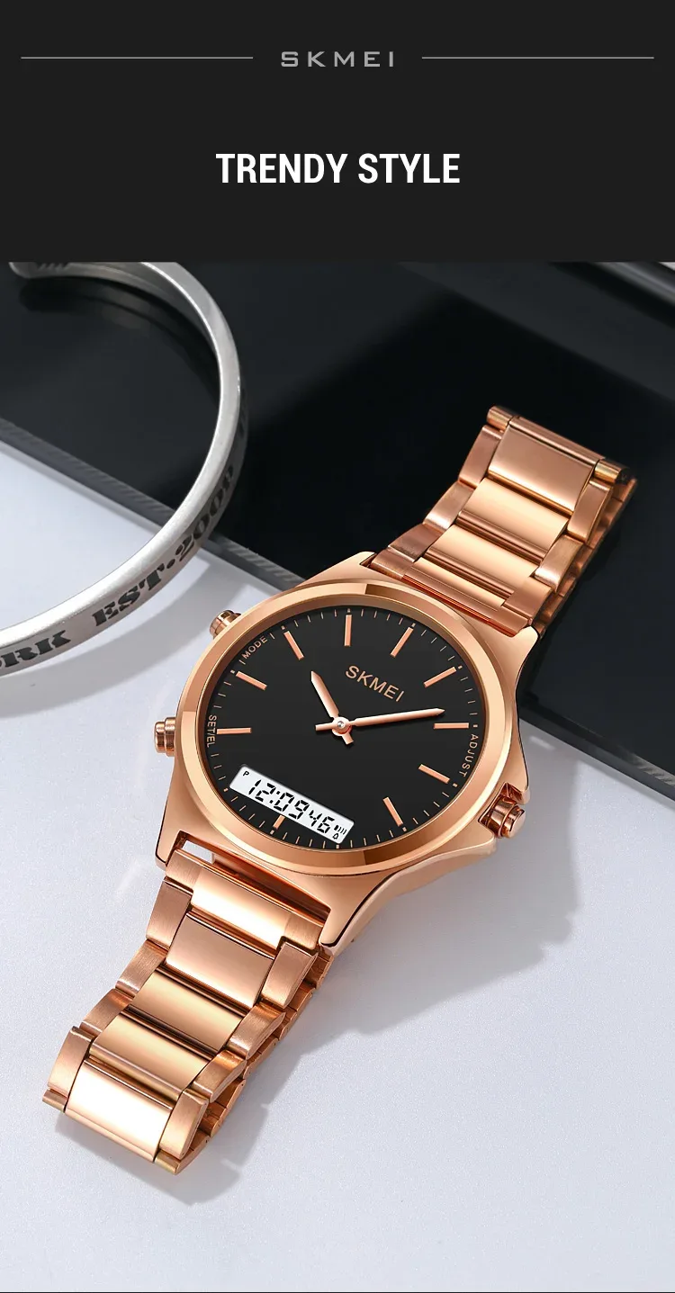 SKMEI Stainless Steel Strip Display Digital Watches For Men Women Luxury Waterproof Quartz Wristwatches and Bracele Reloj Hombre