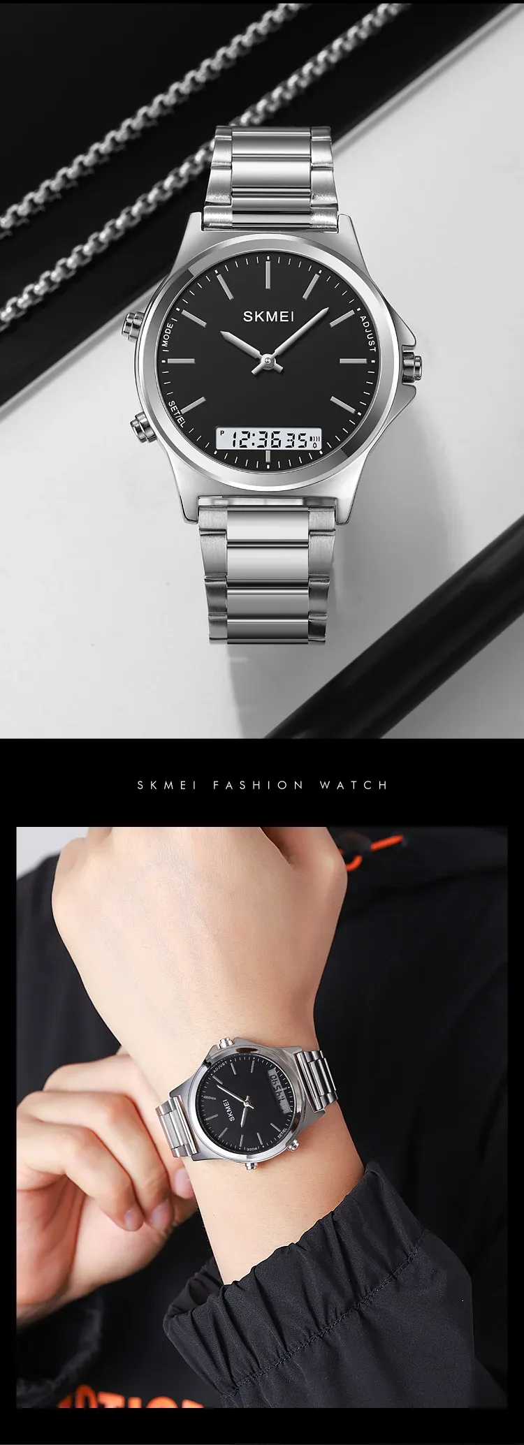 SKMEI Stainless Steel Strip Display Digital Watches For Men Women Luxury Waterproof Quartz Wristwatches and Bracele Reloj Hombre
