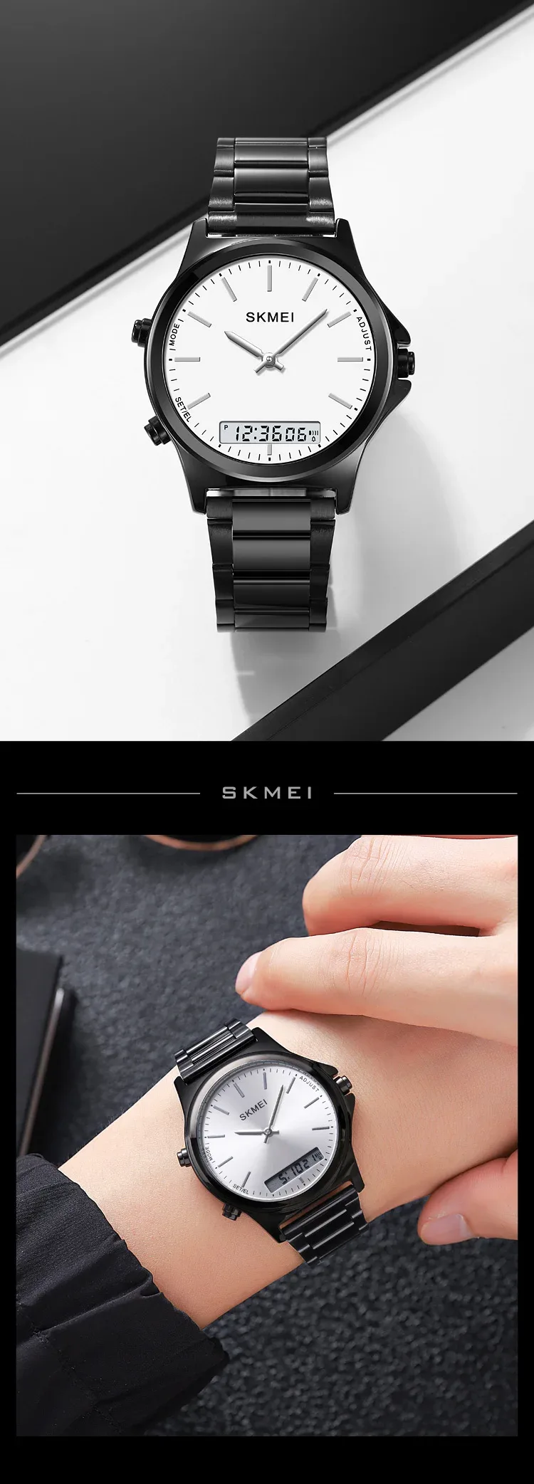 SKMEI Stainless Steel Strip Display Digital Watches For Men Women Luxury Waterproof Quartz Wristwatches and Bracele Reloj Hombre