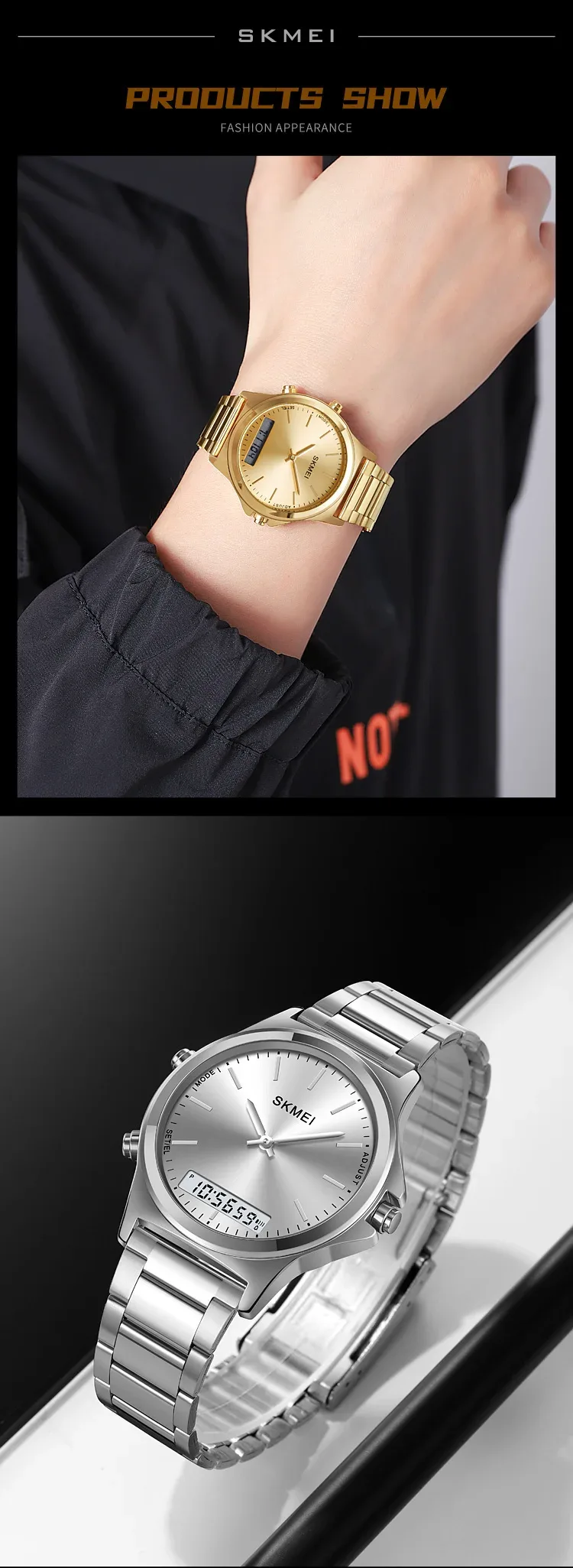 SKMEI Stainless Steel Strip Display Digital Watches For Men Women Luxury Waterproof Quartz Wristwatches and Bracele Reloj Hombre