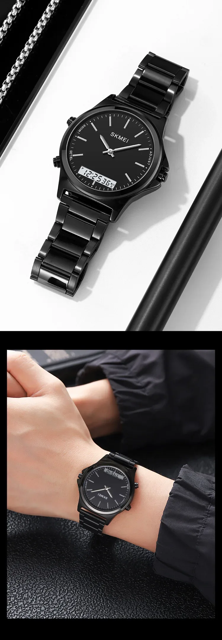 SKMEI Stainless Steel Strip Display Digital Watches For Men Women Luxury Waterproof Quartz Wristwatches and Bracele Reloj Hombre