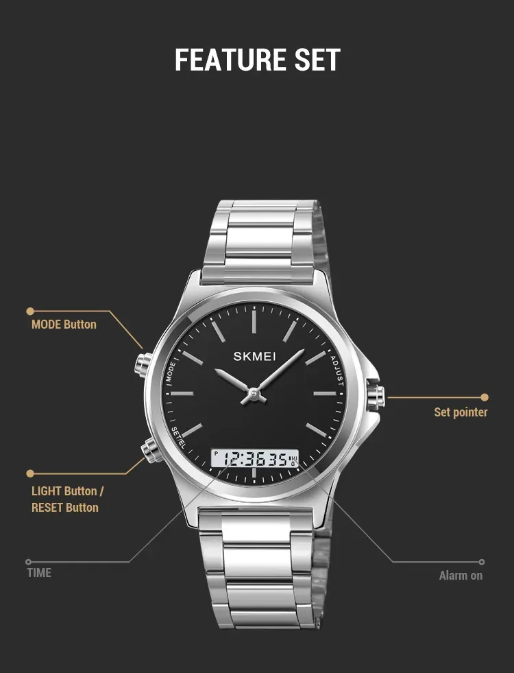 SKMEI Stainless Steel Strip Display Digital Watches For Men Women Luxury Waterproof Quartz Wristwatches and Bracele Reloj Hombre
