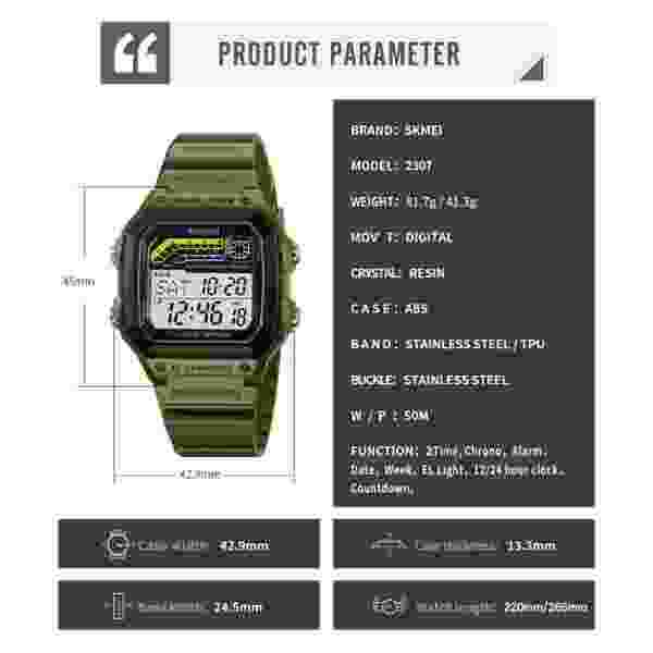 Skmei 2307 Digital Sport Watch for Men with Dual Time and Countdown Timer (50M Waterproof) - Image 6