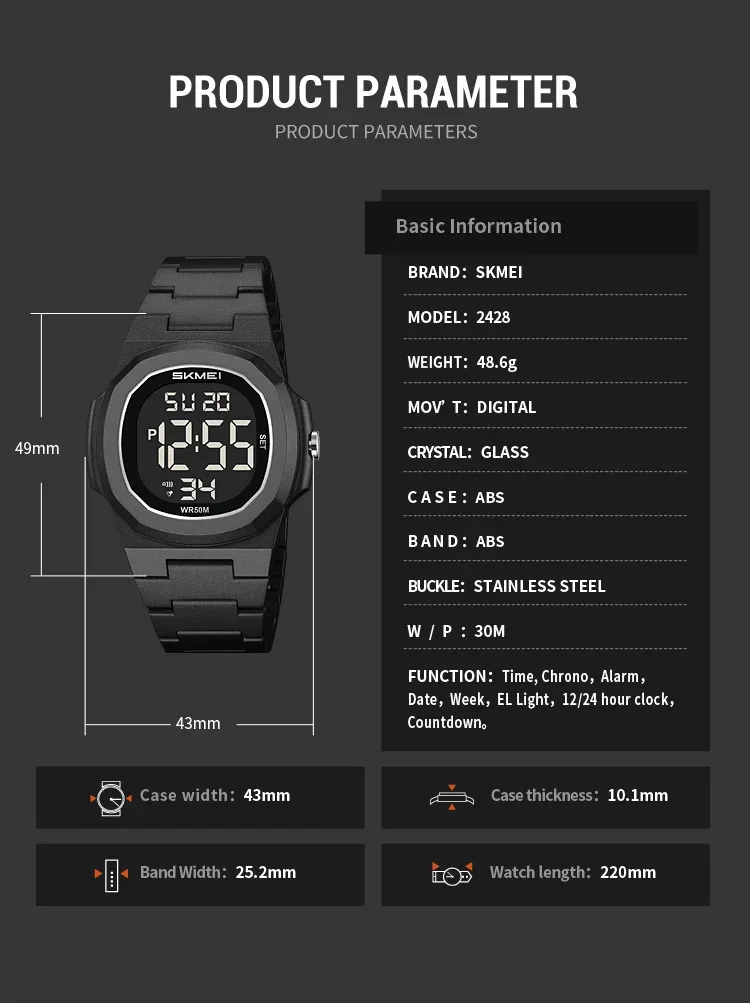 SKMEI Fashion Waterproof Electronic Watches Sports Digital Wristwatch For Men Women Creative Count Down Timer Watch Reloj Hombre