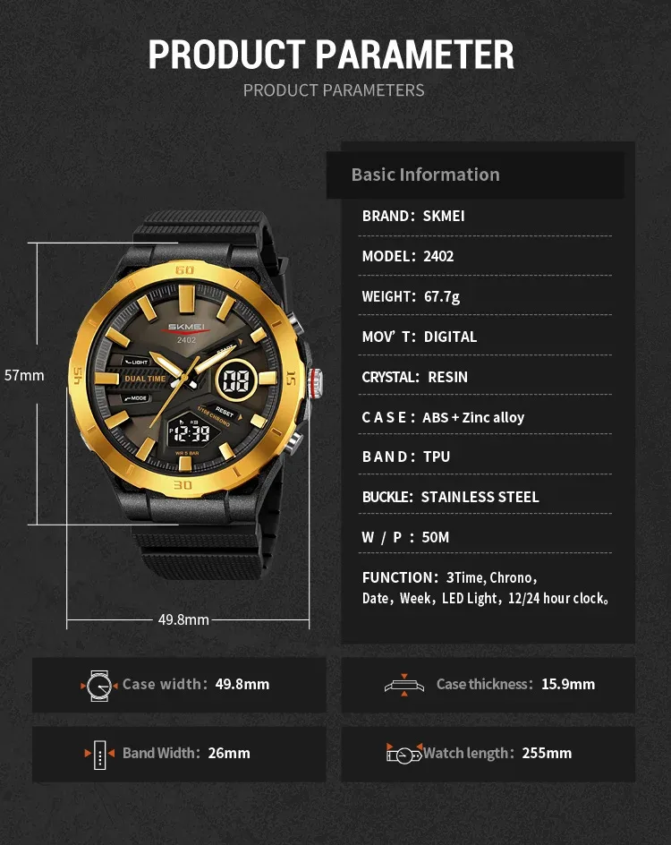 SKMEI Large Dial Digital Electronic Watch Fashion Business Quartz Watches For Men 5Bar Waterproof Quartz Wristwatch Reloj Hombre