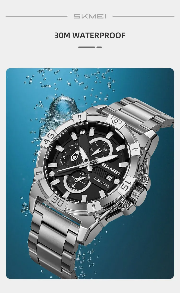 SKMEI Stainless Steel Strip Watches Fashion Business Time Week Date Quartz Watch For Mens Waterproof Stopwatch Quartz Wristwatch