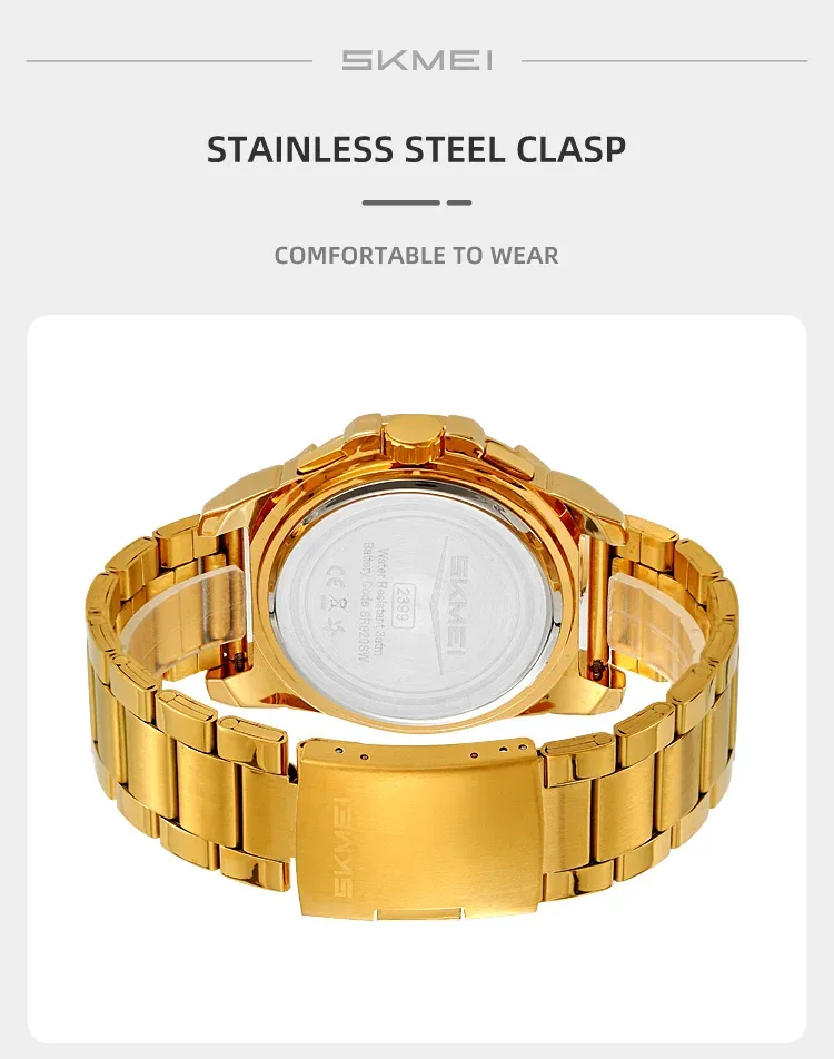 SKMEI Stainless Steel Strip Watches Fashion Business Time Week Date Quartz Watch For Mens Waterproof Stopwatch Quartz Wristwatch