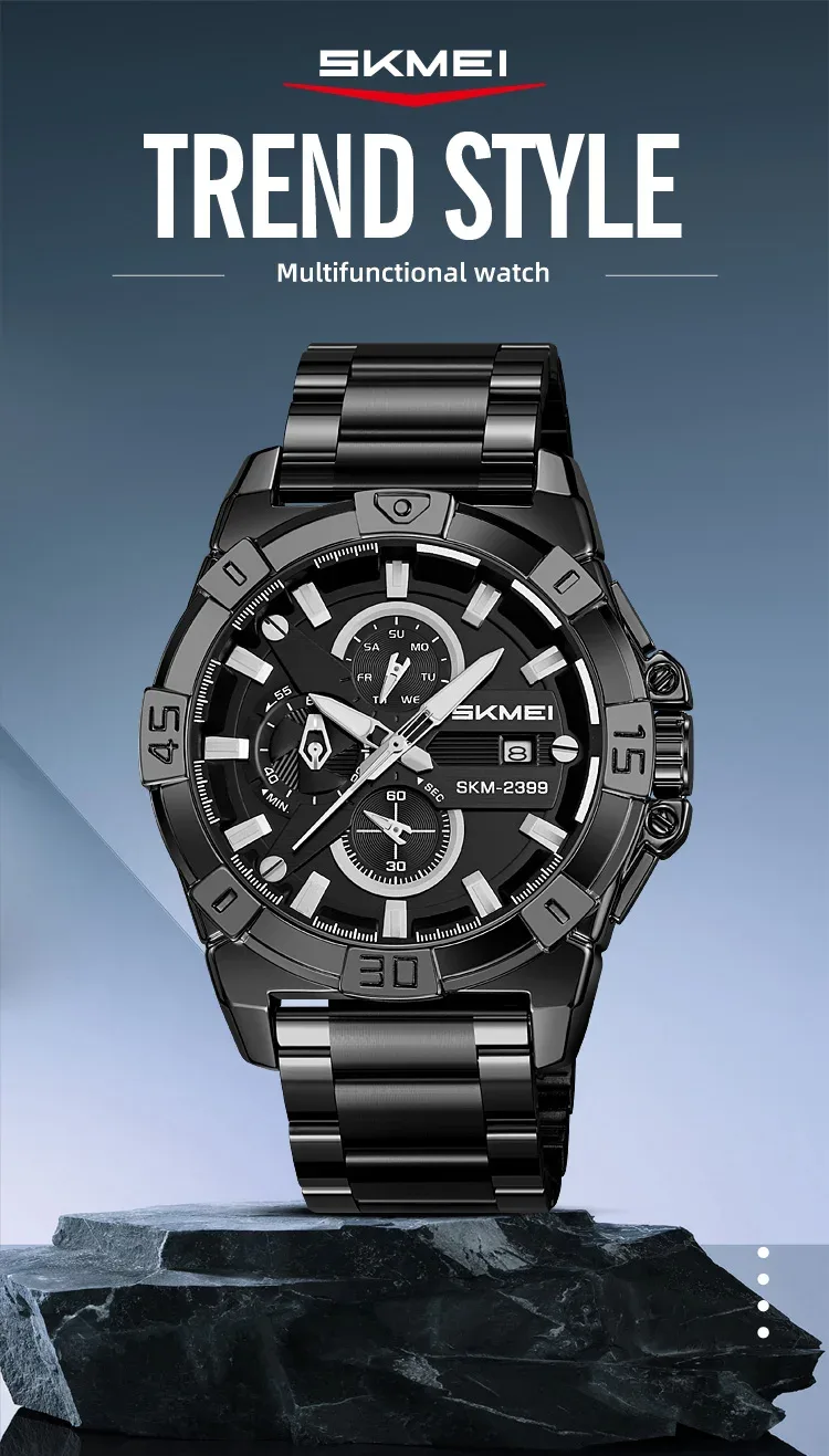 SKMEI Stainless Steel Strip Watches Fashion Business Time Week Date Quartz Watch For Mens Waterproof Stopwatch Quartz Wristwatch