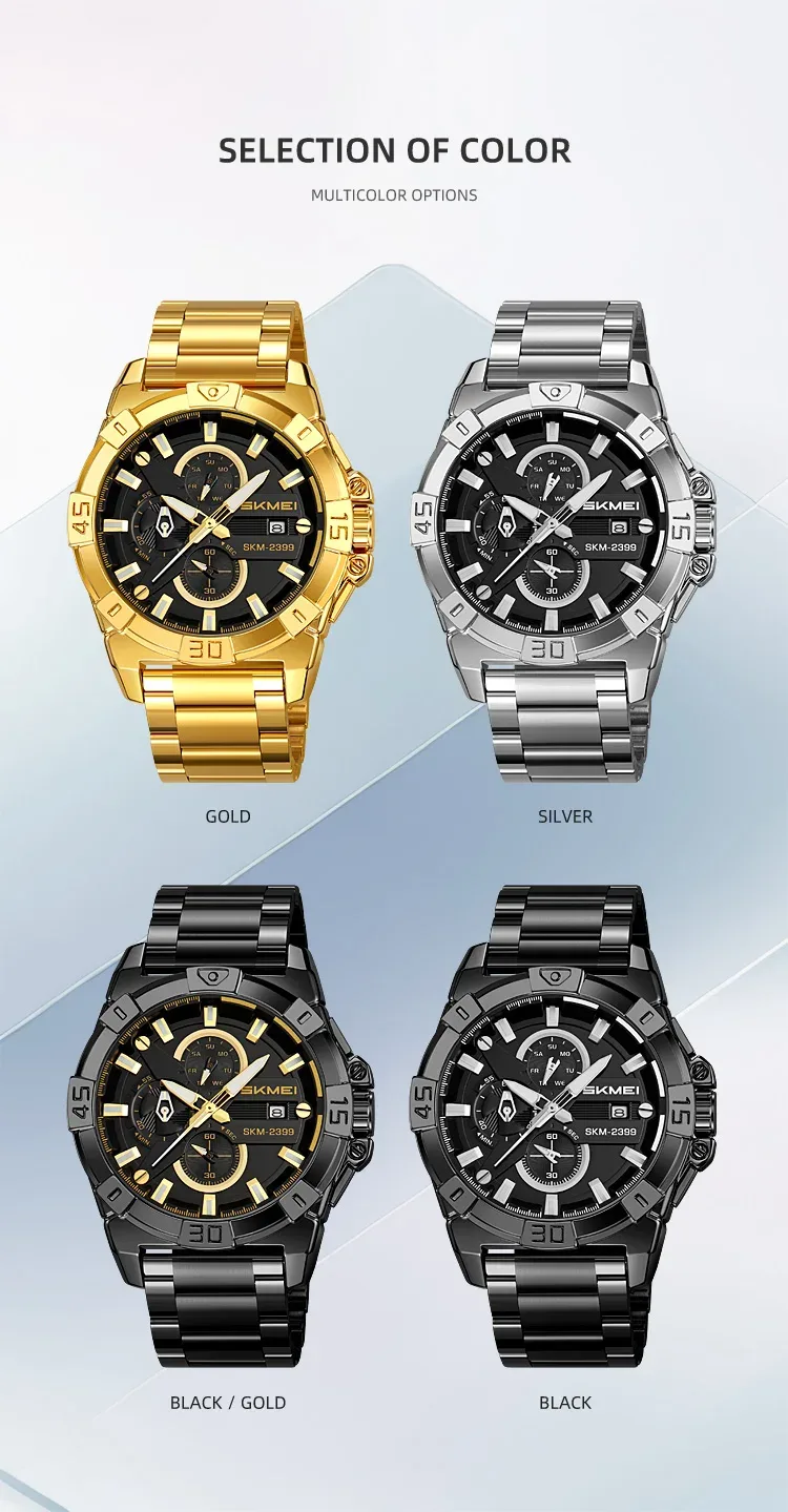 SKMEI Stainless Steel Strip Watches Fashion Business Time Week Date Quartz Watch For Mens Waterproof Stopwatch Quartz Wristwatch
