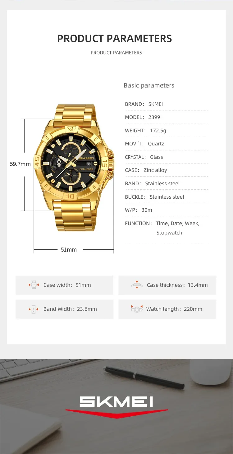 SKMEI Stainless Steel Strip Watches Fashion Business Time Week Date Quartz Watch For Mens Waterproof Stopwatch Quartz Wristwatch