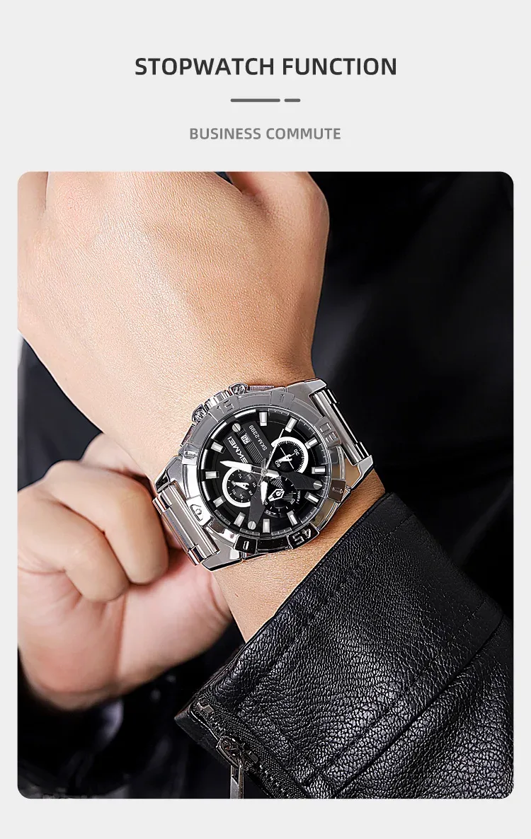 SKMEI Stainless Steel Strip Watches Fashion Business Time Week Date Quartz Watch For Mens Waterproof Stopwatch Quartz Wristwatch