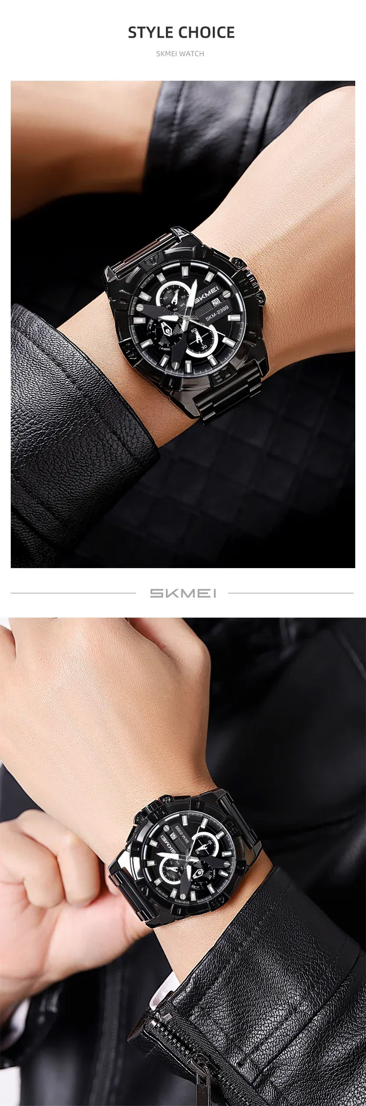 SKMEI Stainless Steel Strip Watches Fashion Business Time Week Date Quartz Watch For Mens Waterproof Stopwatch Quartz Wristwatch