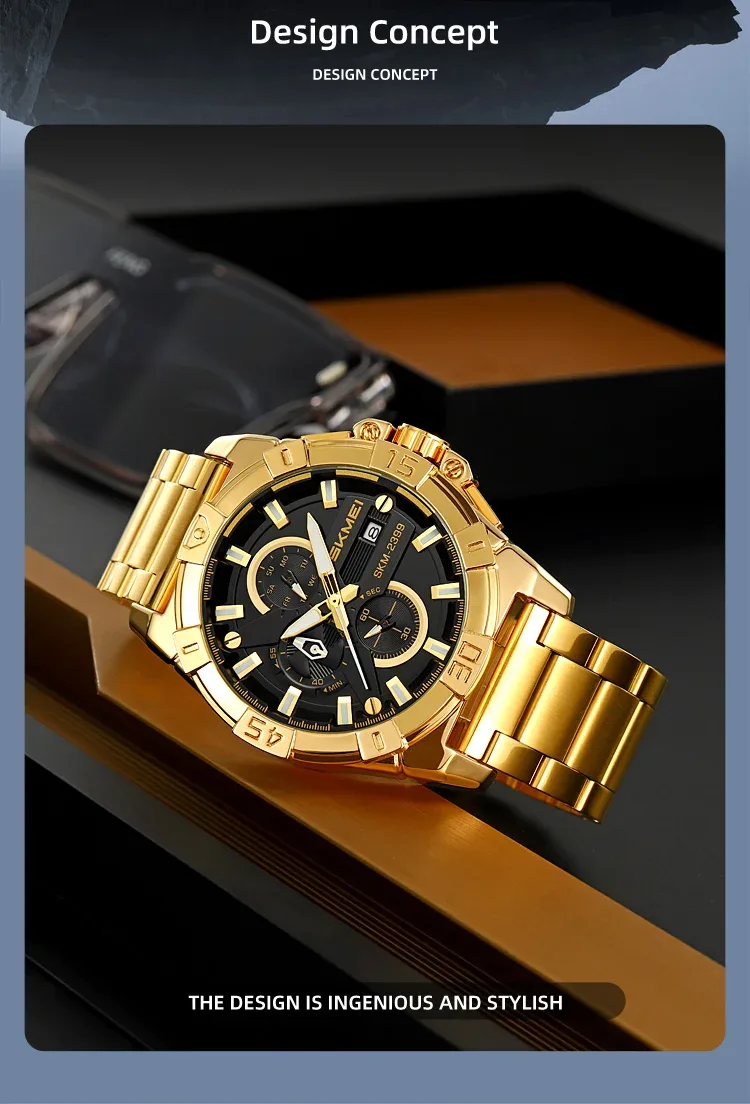 SKMEI Stainless Steel Strip Watches Fashion Business Time Week Date Quartz Watch For Mens Waterproof Stopwatch Quartz Wristwatch