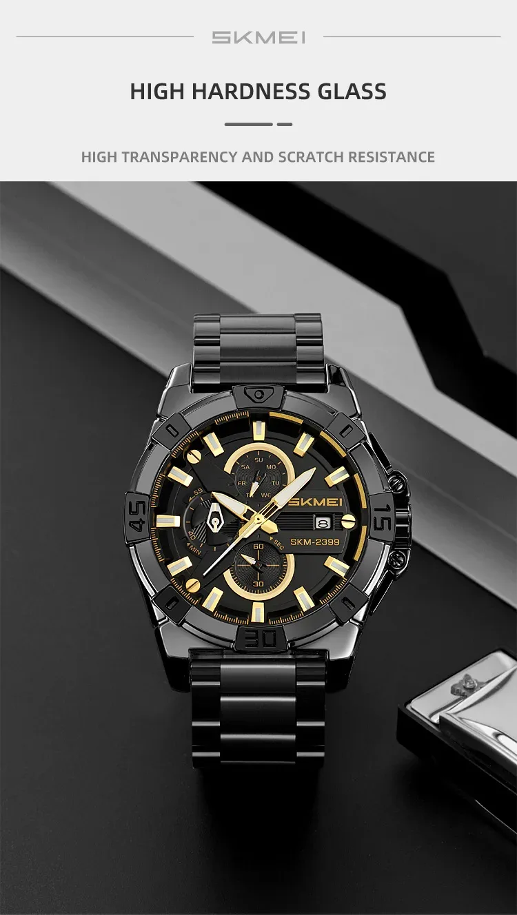 SKMEI Stainless Steel Strip Watches Fashion Business Time Week Date Quartz Watch For Mens Waterproof Stopwatch Quartz Wristwatch