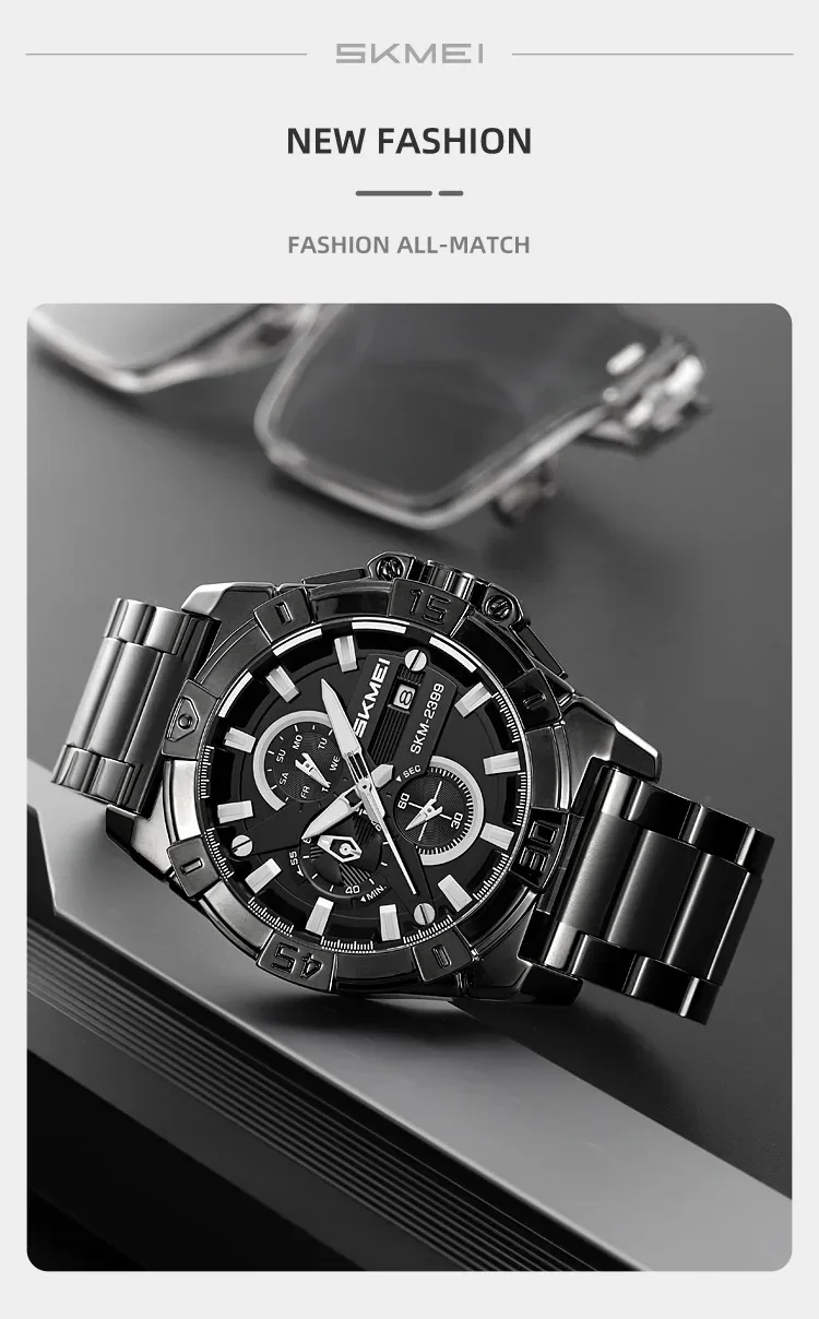 SKMEI Stainless Steel Strip Watches Fashion Business Time Week Date Quartz Watch For Mens Waterproof Stopwatch Quartz Wristwatch