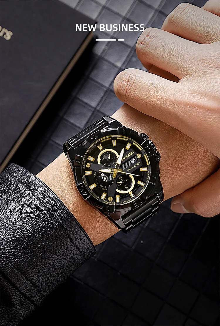 SKMEI Stainless Steel Strip Watches Fashion Business Time Week Date Quartz Watch For Mens Waterproof Stopwatch Quartz Wristwatch