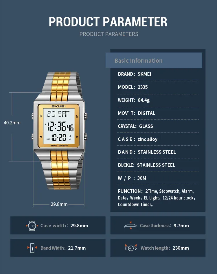 SKMEI Digital Watch Fashion Electronic Watches For Mens Women Waterproof Stainless Steel Strip Stopwatch Wristwatch Reloj Hombre