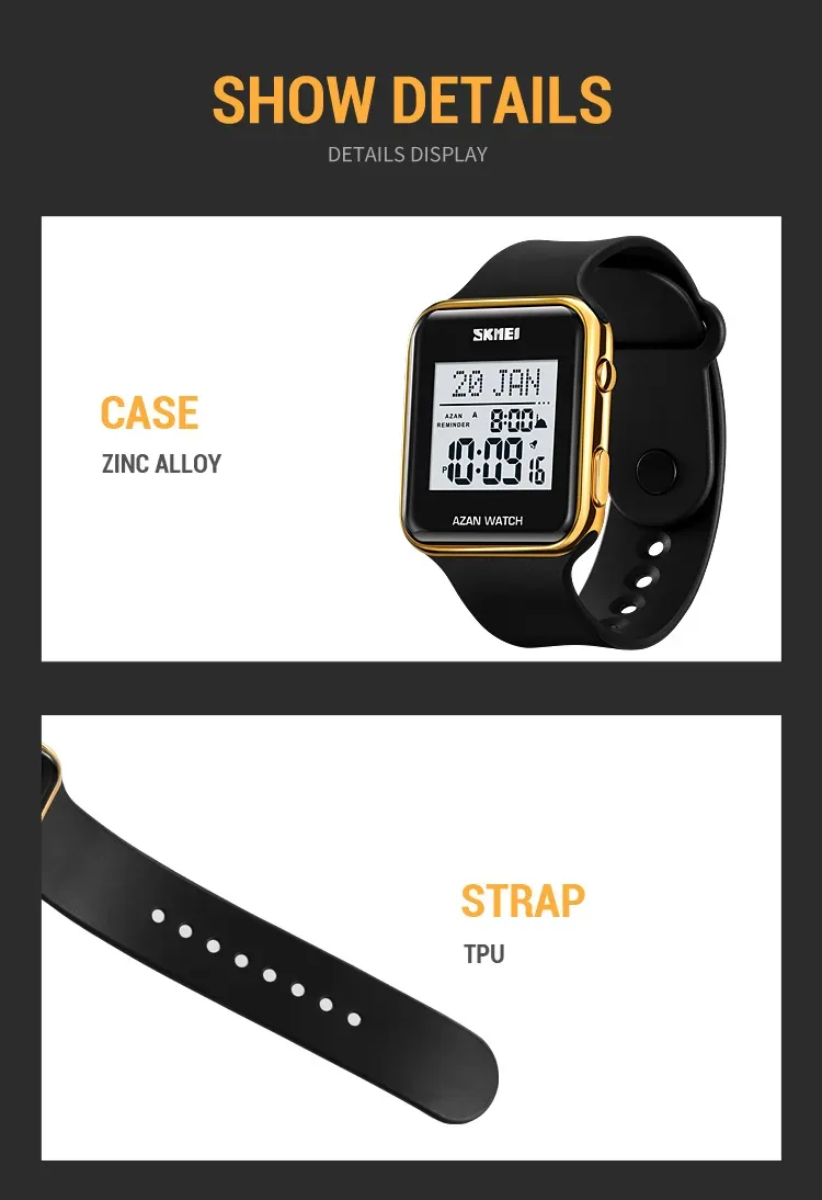 SKMEI Muslim Digital Watch For Men Women Led Light Display Watches Pilgrimage Time Reminder Qibla Direction Function Wristwatch
