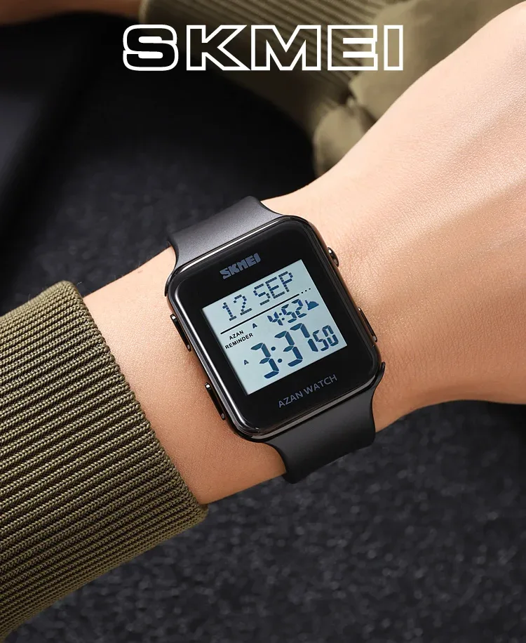 SKMEI Muslim Digital Watch For Men Women Led Light Display Watches Pilgrimage Time Reminder Qibla Direction Function Wristwatch