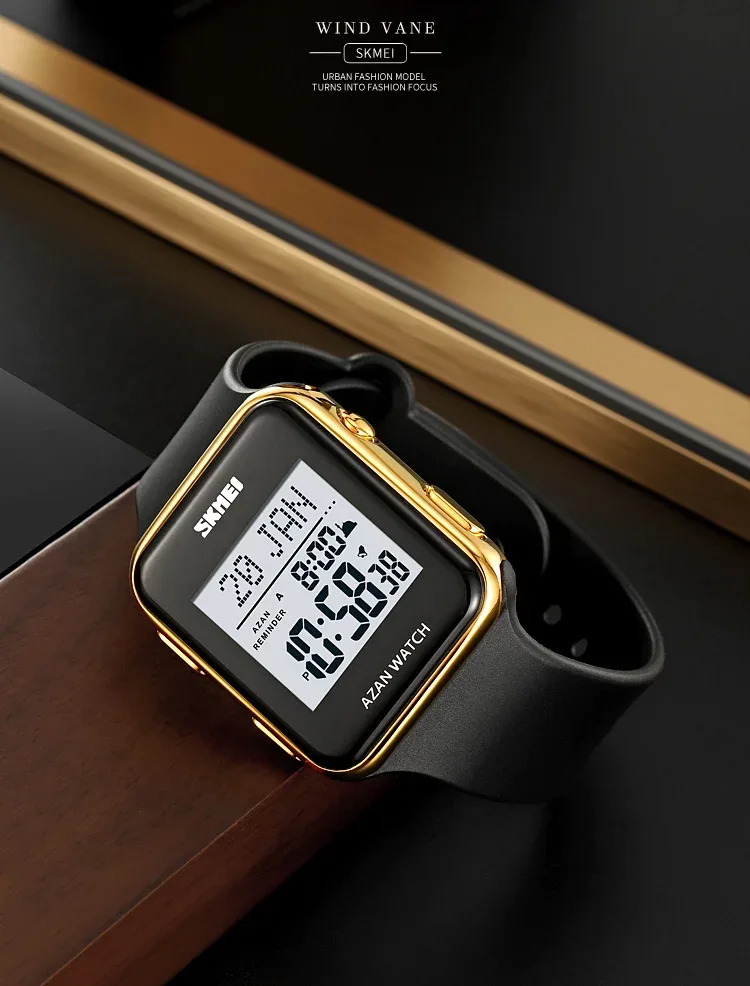SKMEI Muslim Digital Watch For Men Women Led Light Display Watches Pilgrimage Time Reminder Qibla Direction Function Wristwatch