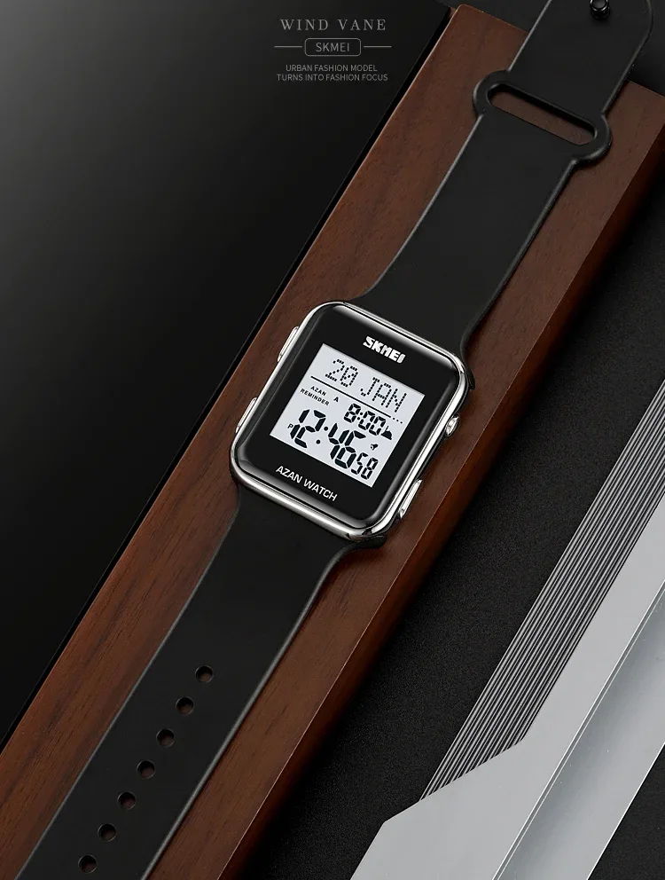 SKMEI Muslim Digital Watch For Men Women Led Light Display Watches Pilgrimage Time Reminder Qibla Direction Function Wristwatch