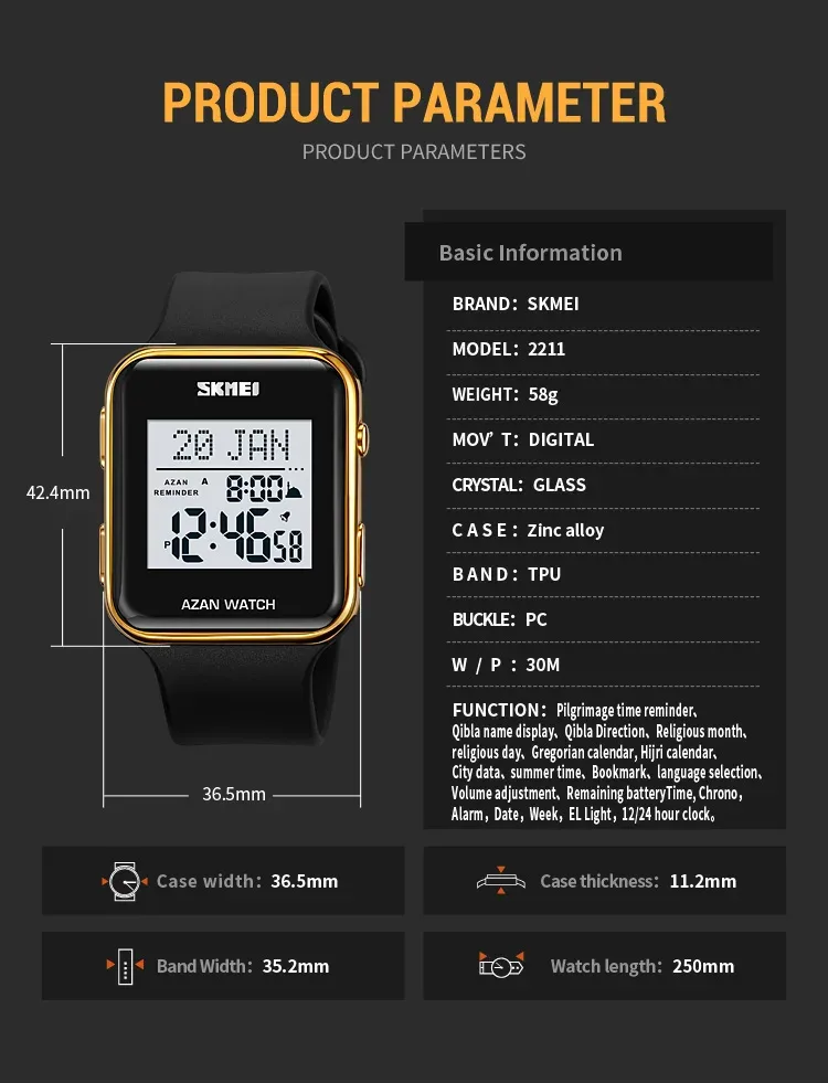 SKMEI Muslim Digital Watch For Men Women Led Light Display Watches Pilgrimage Time Reminder Qibla Direction Function Wristwatch