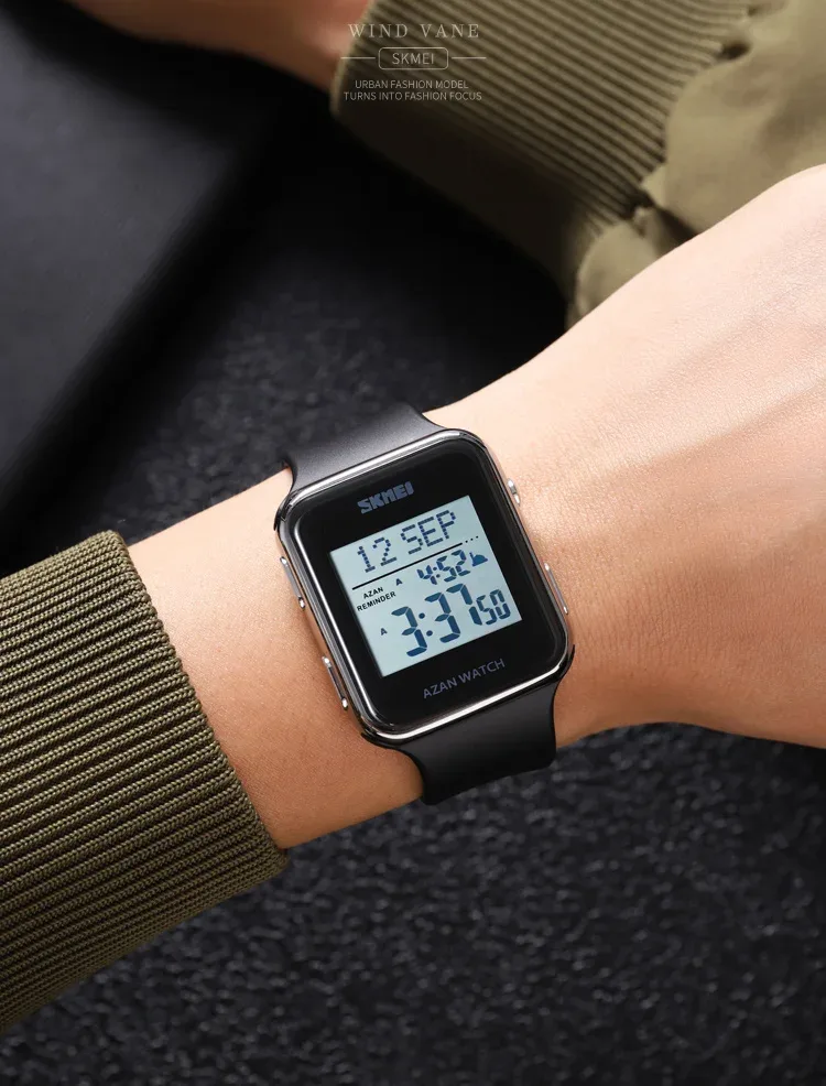 SKMEI Muslim Digital Watch For Men Women Led Light Display Watches Pilgrimage Time Reminder Qibla Direction Function Wristwatch