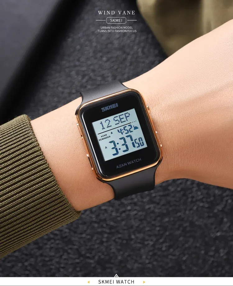 SKMEI Muslim Digital Watch For Men Women Led Light Display Watches Pilgrimage Time Reminder Qibla Direction Function Wristwatch
