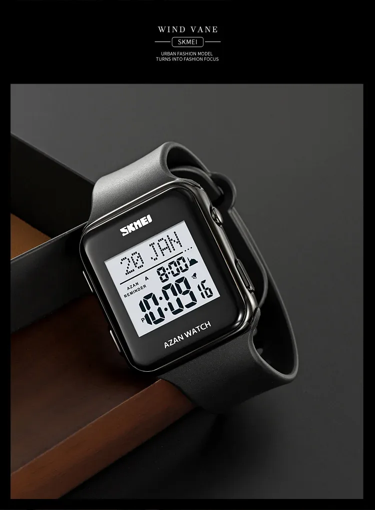 SKMEI Muslim Digital Watch For Men Women Led Light Display Watches Pilgrimage Time Reminder Qibla Direction Function Wristwatch