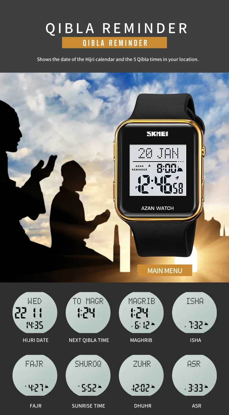 SKMEI Muslim Digital Watch For Men Women Led Light Display Watches Pilgrimage Time Reminder Qibla Direction Function Wristwatch