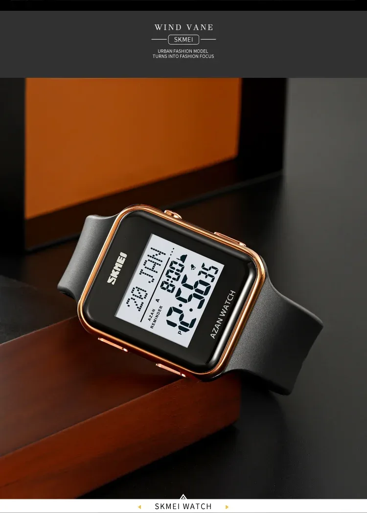 SKMEI Muslim Digital Watch For Men Women Led Light Display Watches Pilgrimage Time Reminder Qibla Direction Function Wristwatch