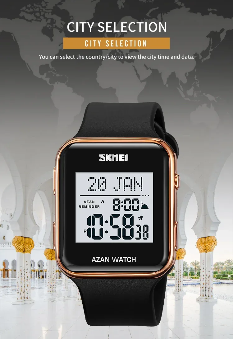 SKMEI Muslim Digital Watch For Men Women Led Light Display Watches Pilgrimage Time Reminder Qibla Direction Function Wristwatch