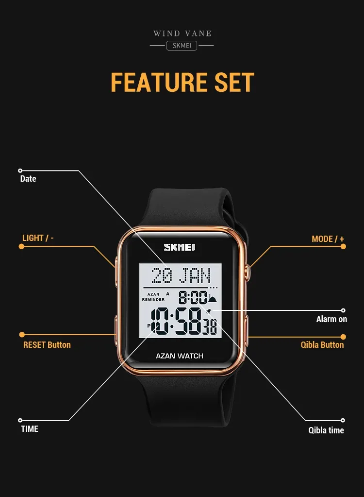 SKMEI Muslim Digital Watch For Men Women Led Light Display Watches Pilgrimage Time Reminder Qibla Direction Function Wristwatch