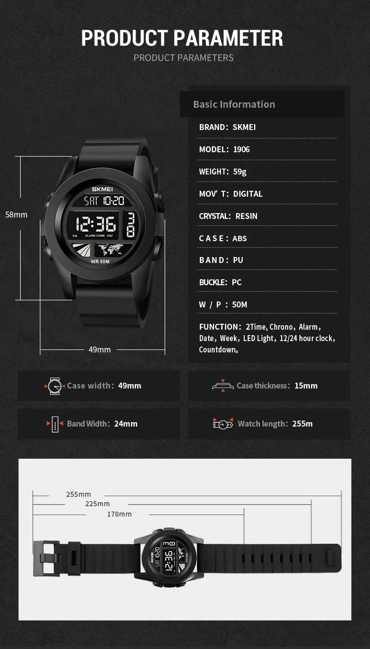 SKMEI New LED Light Electronic Wristwatches For Men 5Bar Waterproof Male Sport Watch Countdown Alarm Clock reloj hombre 1906