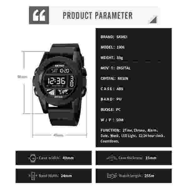 SKMEI 1906 Digital Sports Watch for Men with Stopwatch, Alarm, and 50M Water Resistance - Image 6