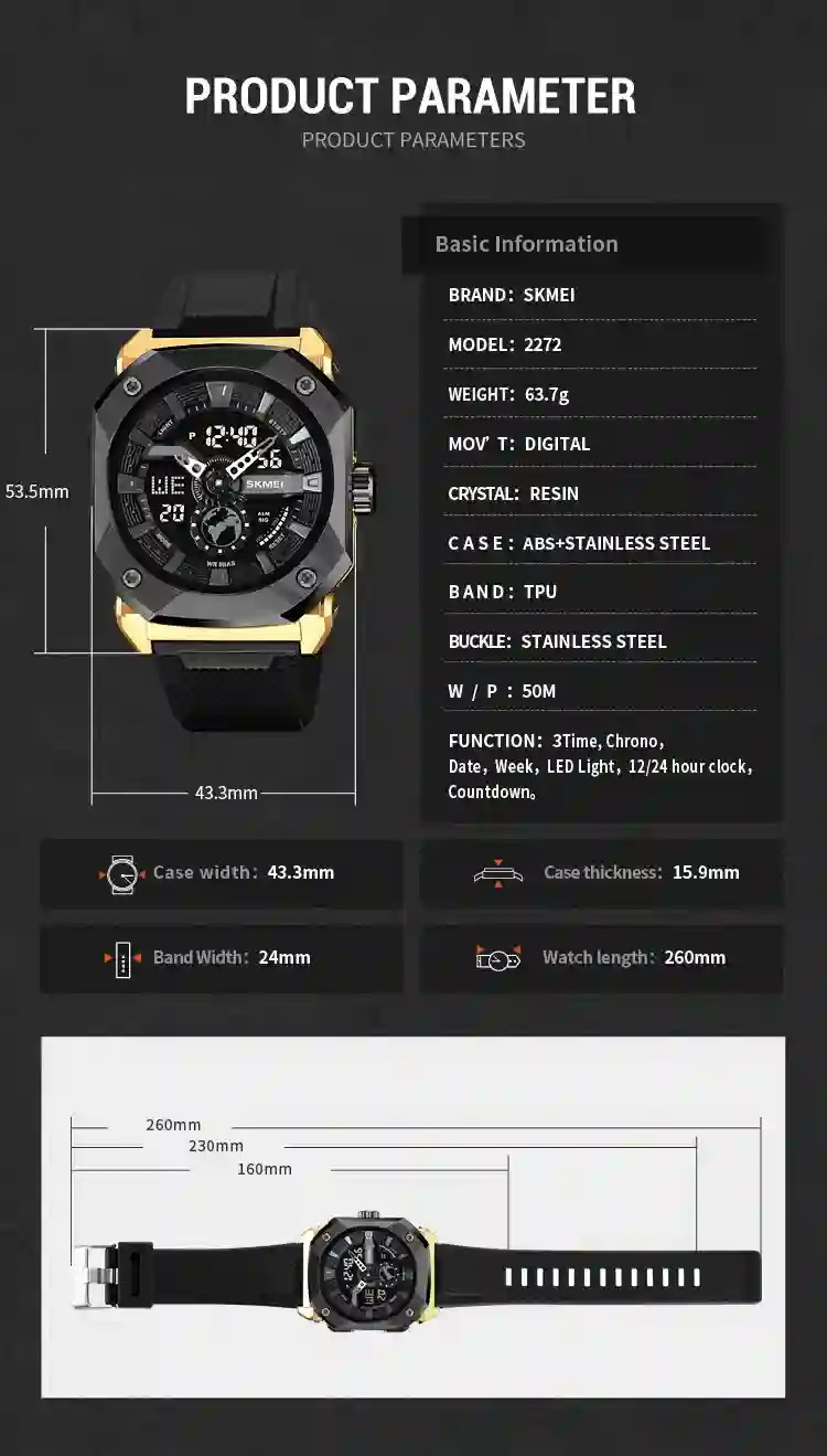 SKMEI Multifunctional 3 Time LED Light Digital Sports Watch For Men Countdown Wristwatches 5Bar Waterproof Watches reloj hombre