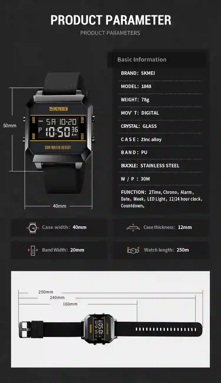 SKMEI 3Bar Waterproof LED Light Countdown Digital Wristwatch For Men Fashion Sport Watches Electronic Clock Watch reloj hombre