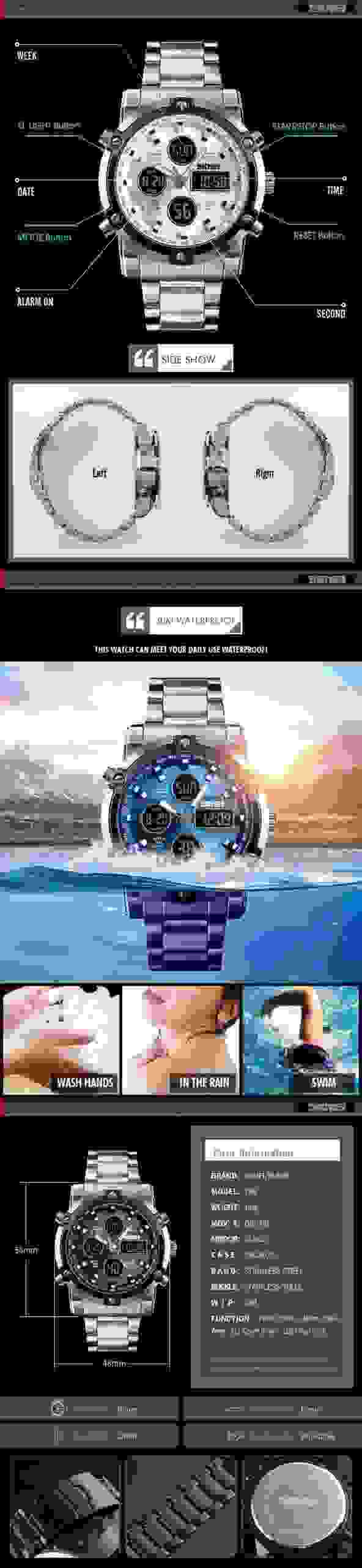 SKMEI Dual Display Watch Men Countdown Steel Strap Electronic Wristwatch Three Time Clock Digital Quartz Watch Relogio Masculino