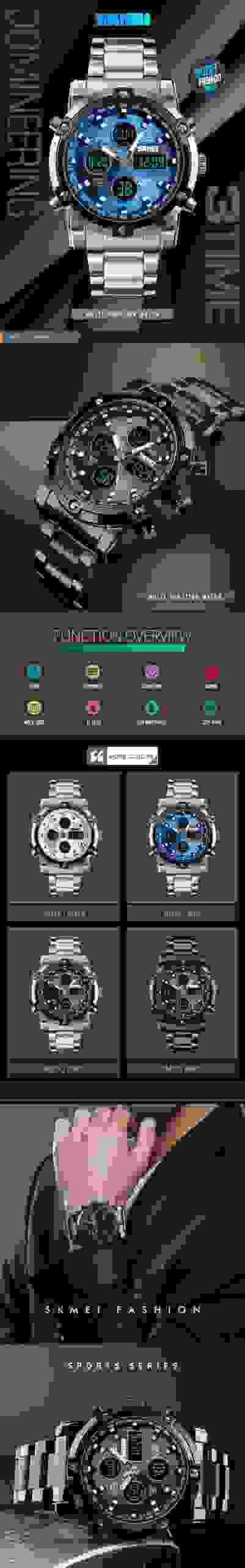 SKMEI Dual Display Watch Men Countdown Steel Strap Electronic Wristwatch Three Time Clock Digital Quartz Watch Relogio Masculino