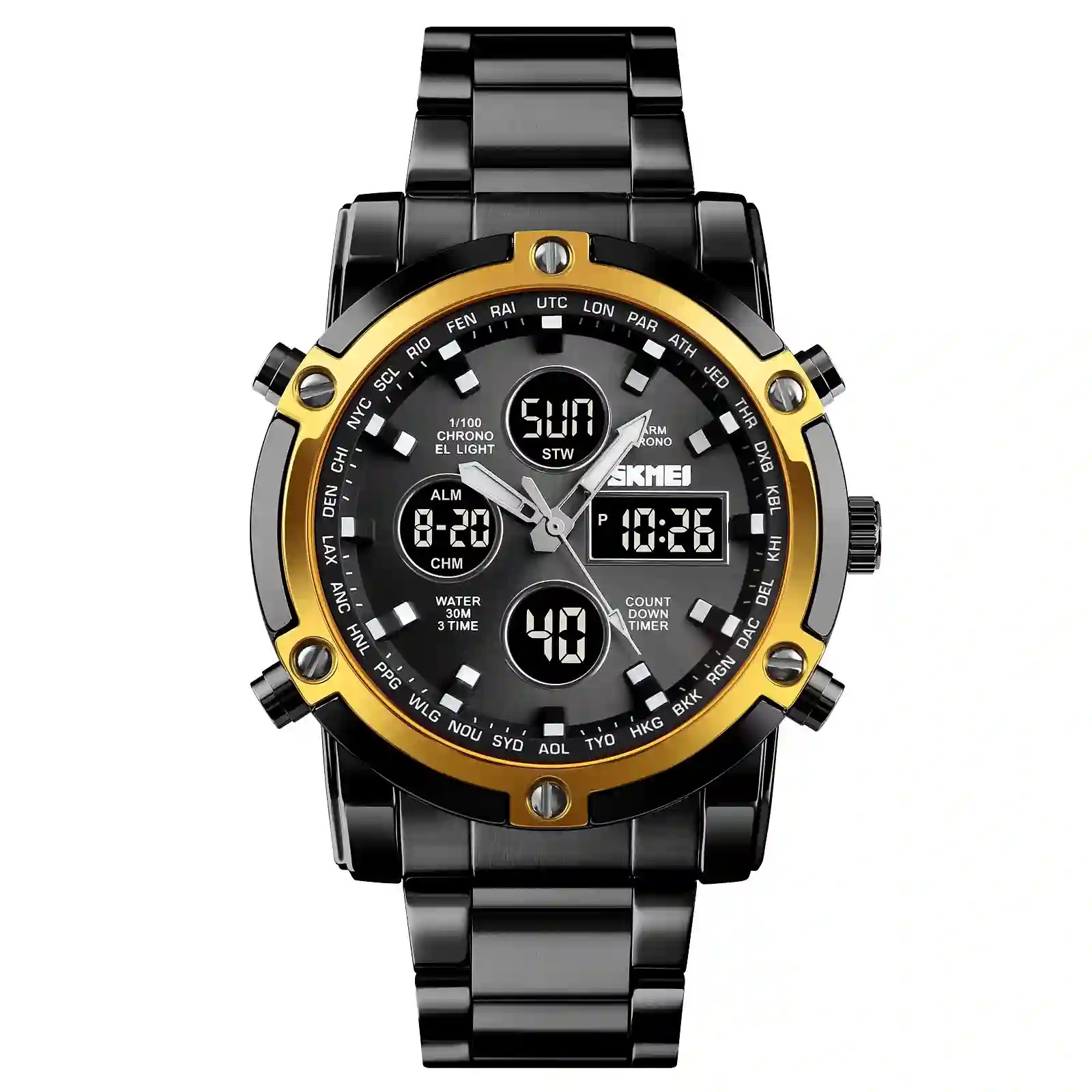 SKMEI Dual Display Watch Men Countdown Steel Strap Electronic Wristwatch Three Time Clock Digital Quartz Watch Relogio Masculino