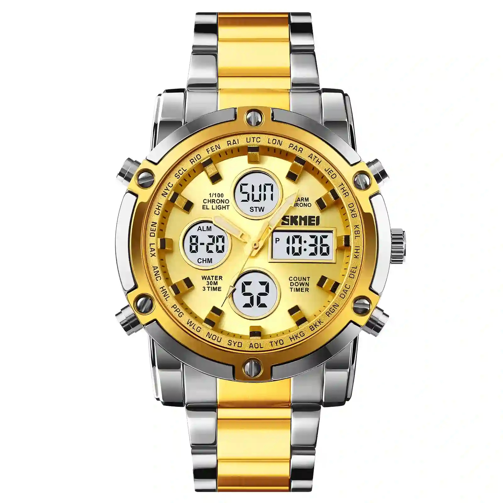 SKMEI Dual Display Watch Men Countdown Steel Strap Electronic Wristwatch Three Time Clock Digital Quartz Watch Relogio Masculino