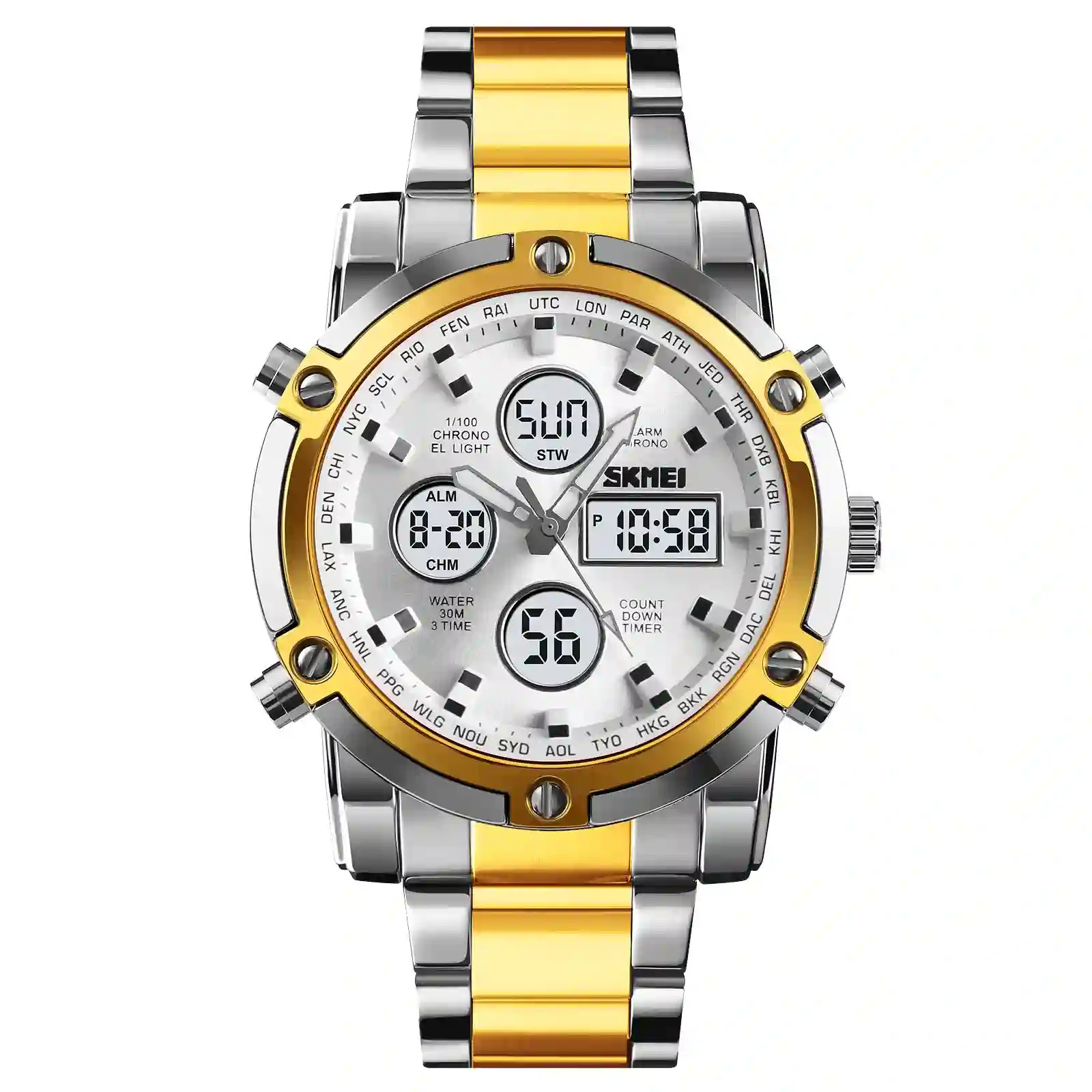 SKMEI Dual Display Watch Men Countdown Steel Strap Electronic Wristwatch Three Time Clock Digital Quartz Watch Relogio Masculino