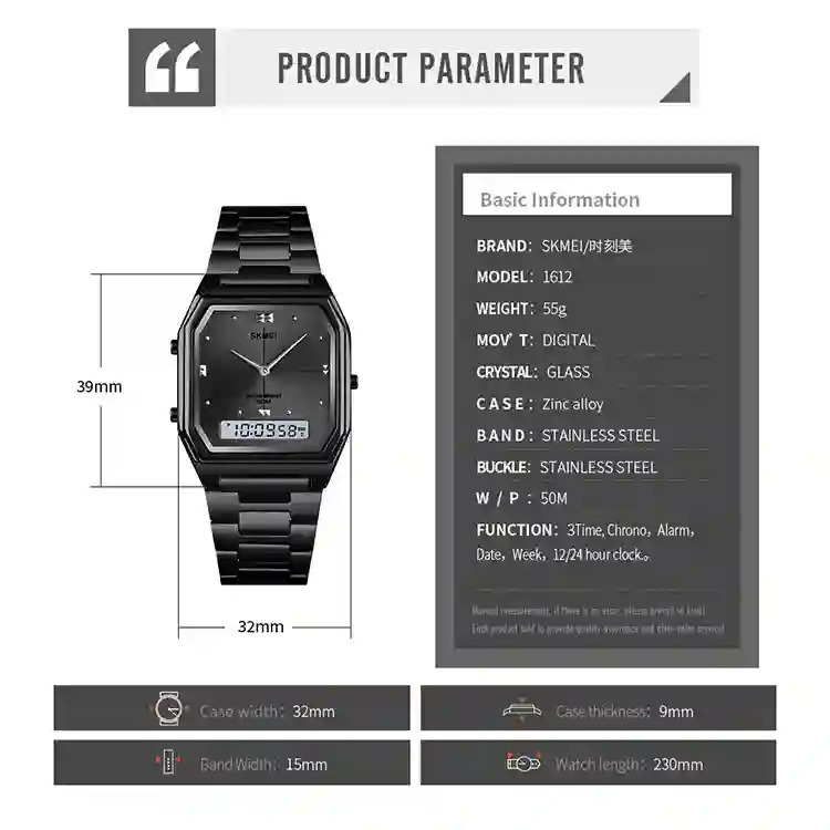 SKMEI Fashion Stainless Steel Strip Digital Wristwatches For Men Women Waterproof Alarm 3 Time Chrono Watches Electronics Watch