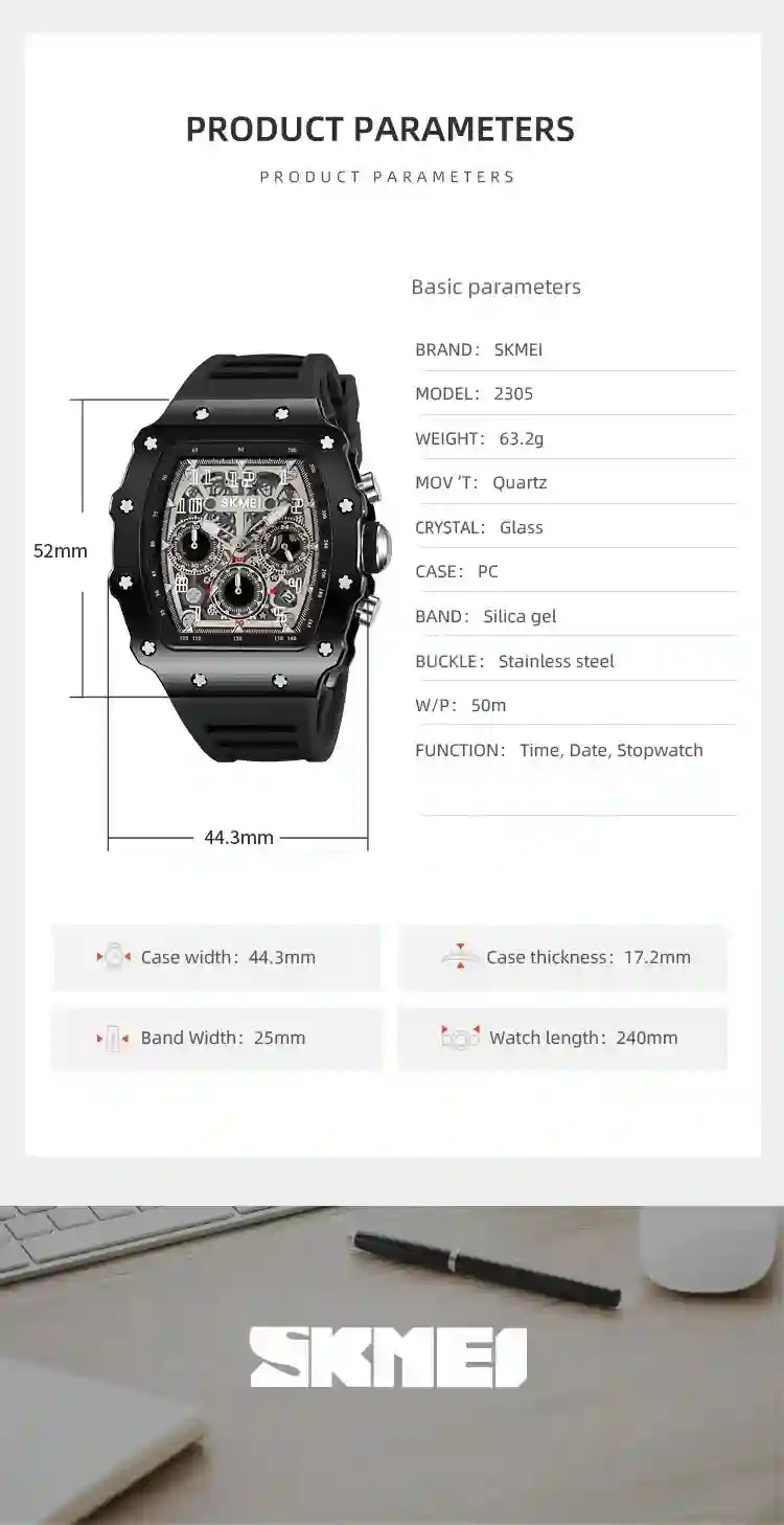 SKMEI Fashion Quartz Movement Watch For Mens Stainless Steel Strap 5Bar Waterproof Date Time Stopwatch Wristwatches Reloj Hombre