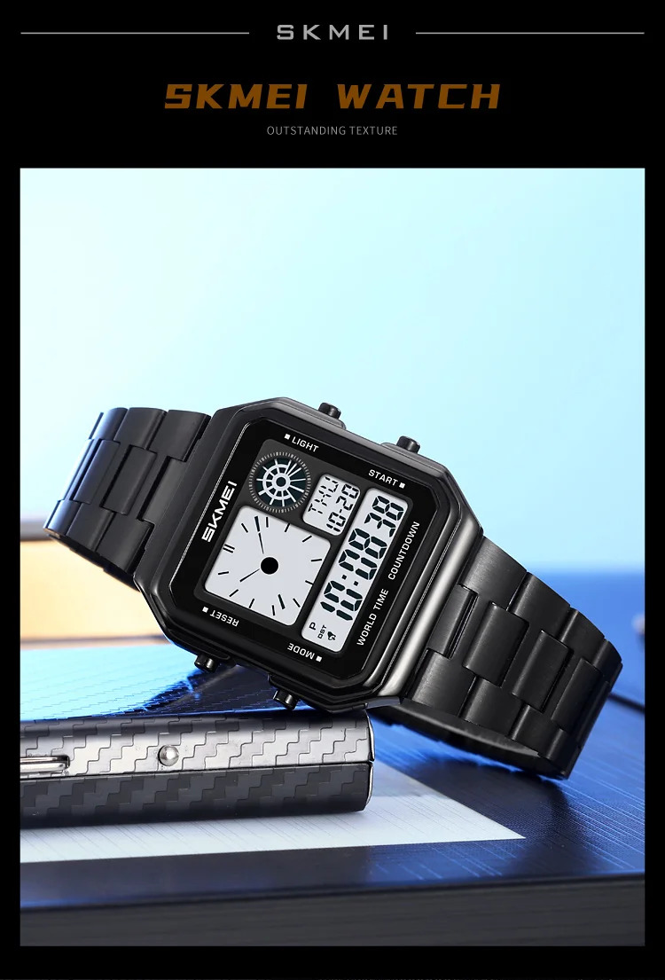 SKMEI Fashion Daylight Saving Time Digital Electronic Watches For Men Women Students Waterproof Stainless Steel Strip Wristwatch