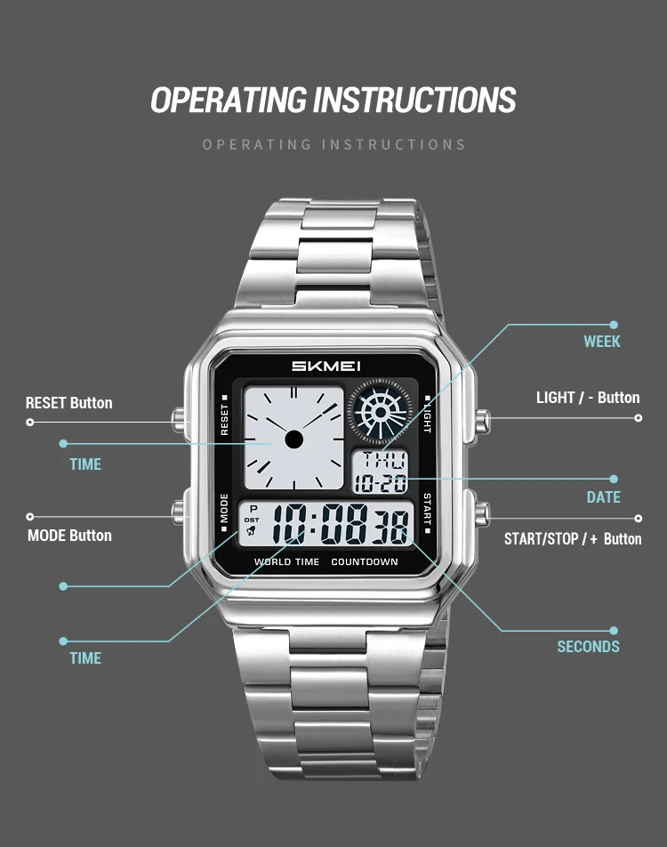 SKMEI Fashion Daylight Saving Time Digital Electronic Watches For Men Women Students Waterproof Stainless Steel Strip Wristwatch